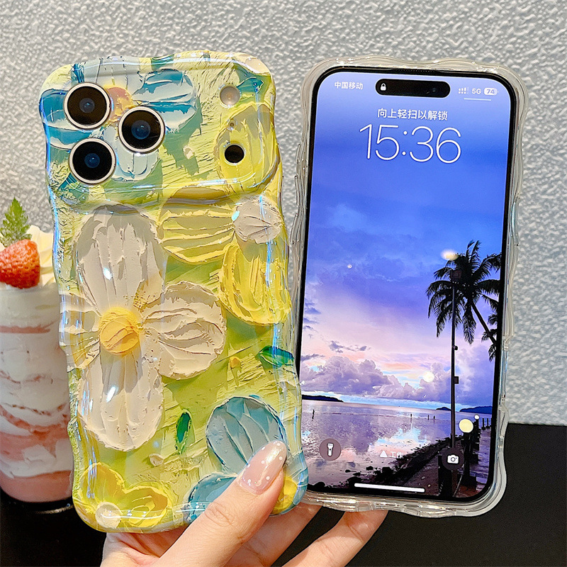 Apple Iphone 16 - Moda Yağlı Boya Çiçekleri Dalgalı Telefon